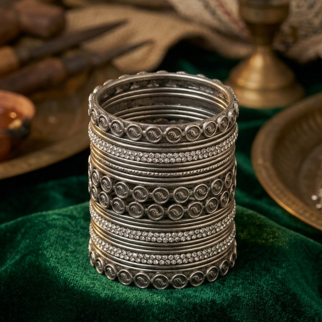 Oxidized Silver Boho Chic Multi-Bangle Stack – Intricate Coin & Crystal Motif Set