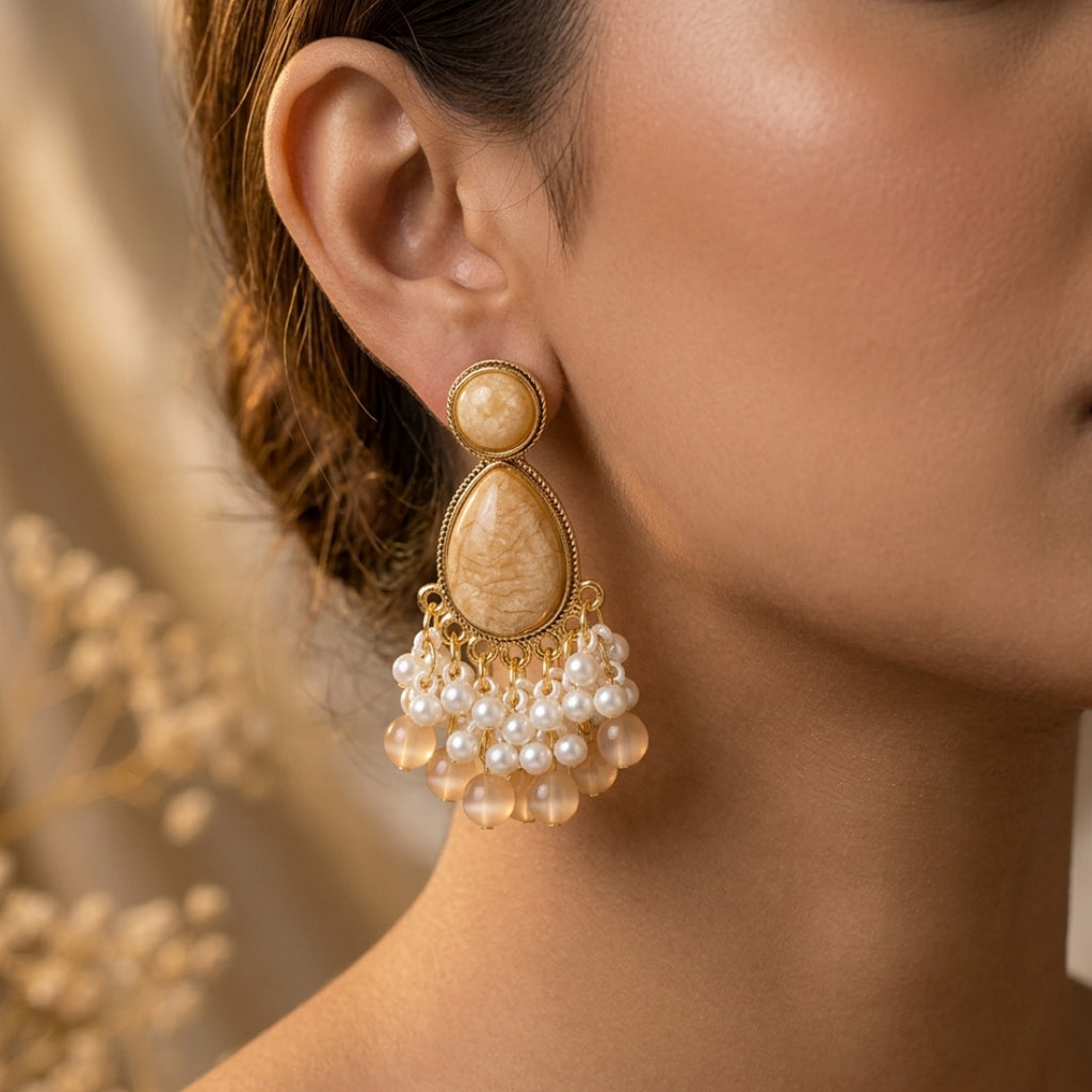 Elegant Beige Stone and Pearl Chandelier Earrings
