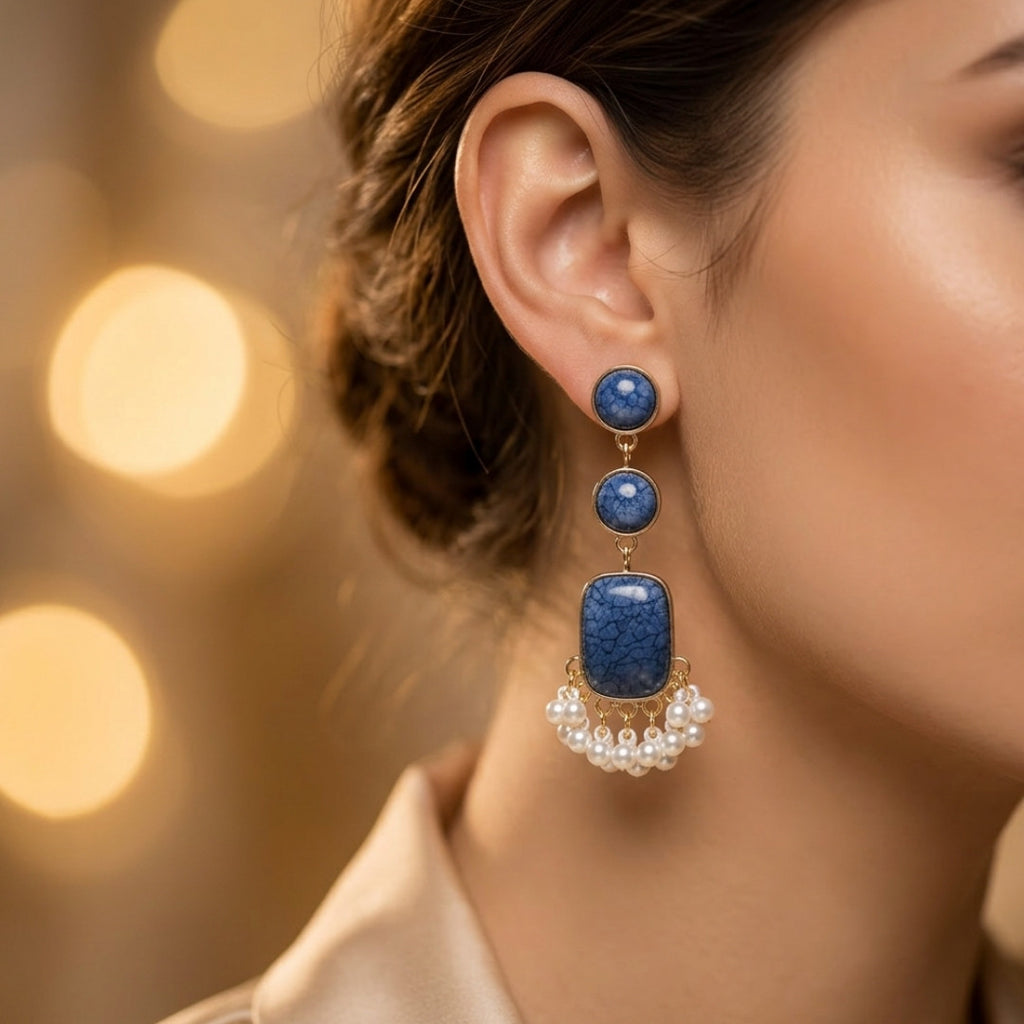 Elegant Tiered Stone and Pearl Drop Earrings