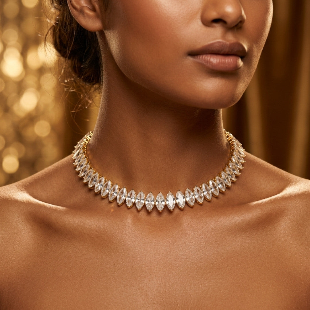 Radiant Marquise-Cut Crystal Collar Necklace – Gold-Tone Statement Choker