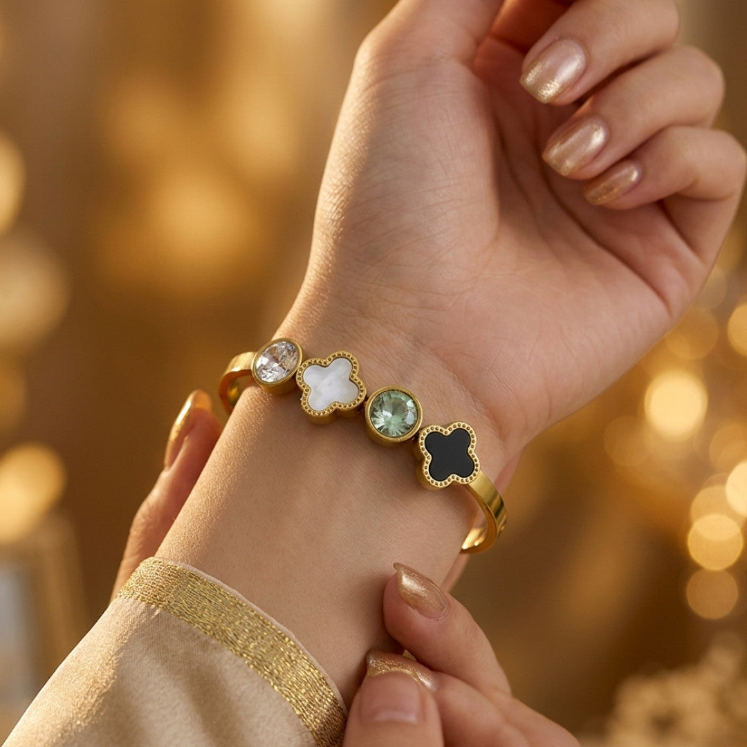 Enchanted Clover & Crystal Hinged Bangle – Multi-Stone Gold-Tone Statement Bracelet