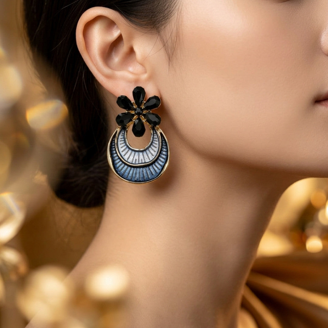 Midnight Bloom Statement Earrings – Enamel & Crystal Floral Drop