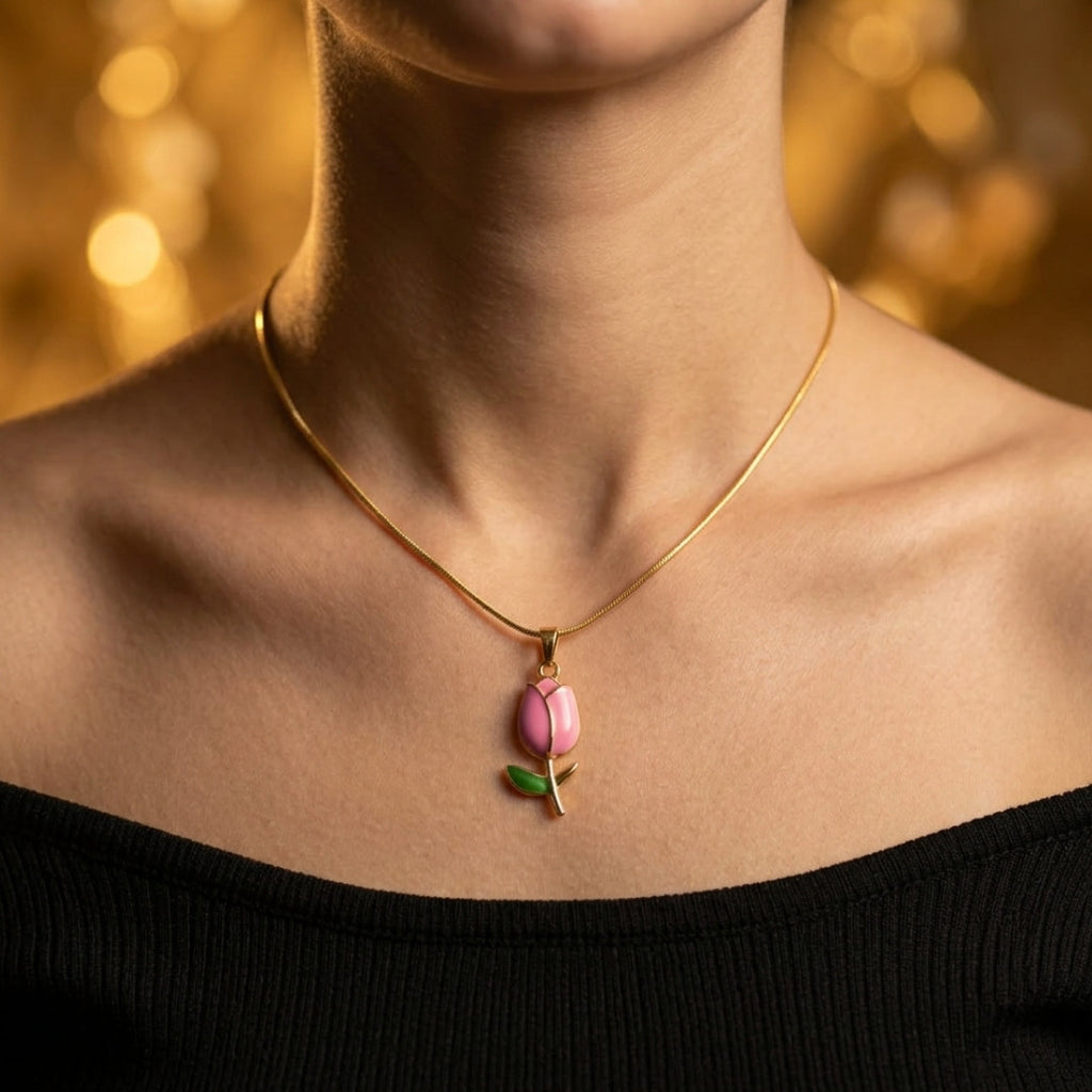 Enamel Pink Tulip Pendant Necklace – Delicate Gold-Tone Botanical Jewelry