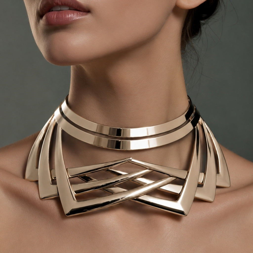 Geometric Sculptural Collar Necklace – Modern Metallic Statement Piece