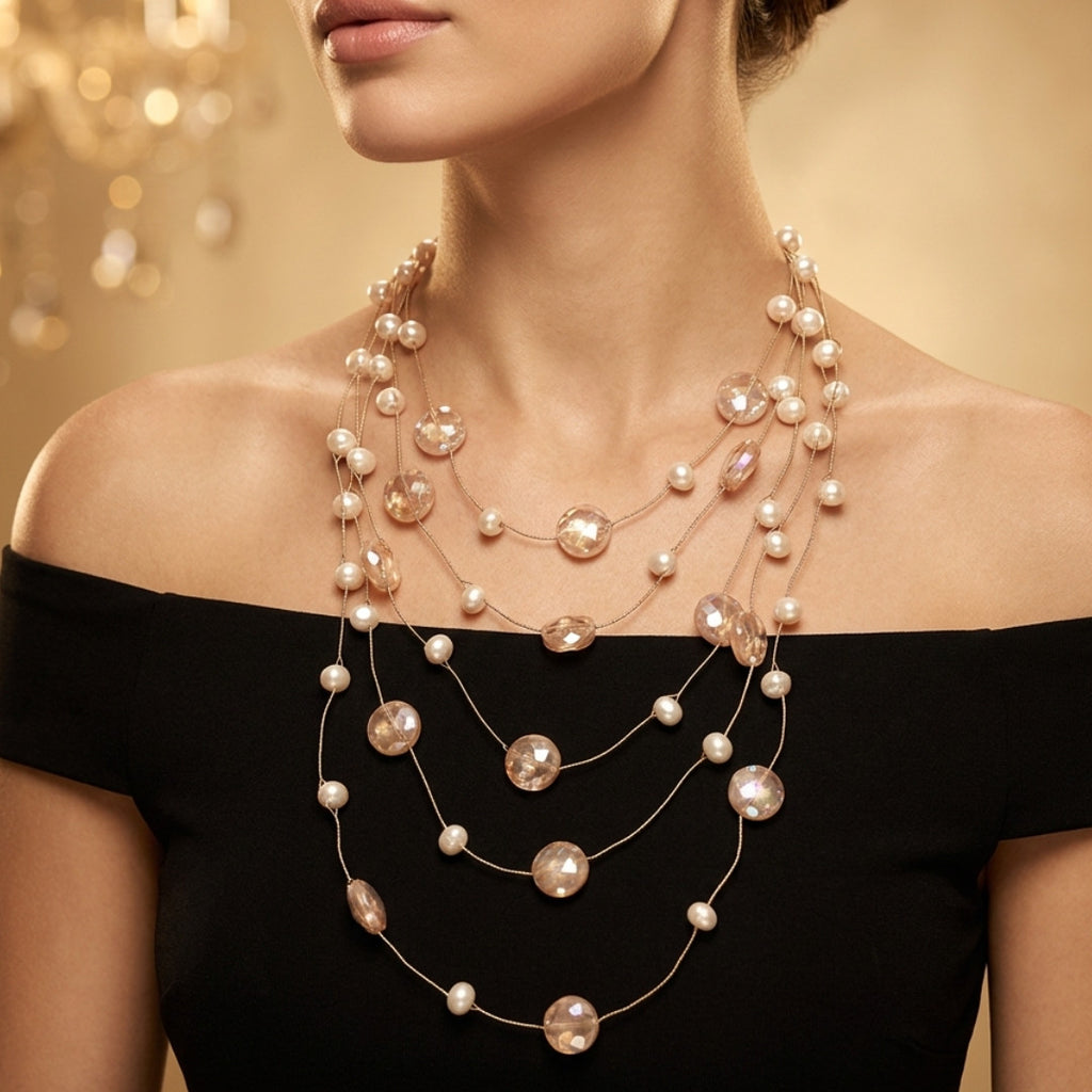 Elegant Layered Pearl and Crystal Necklace