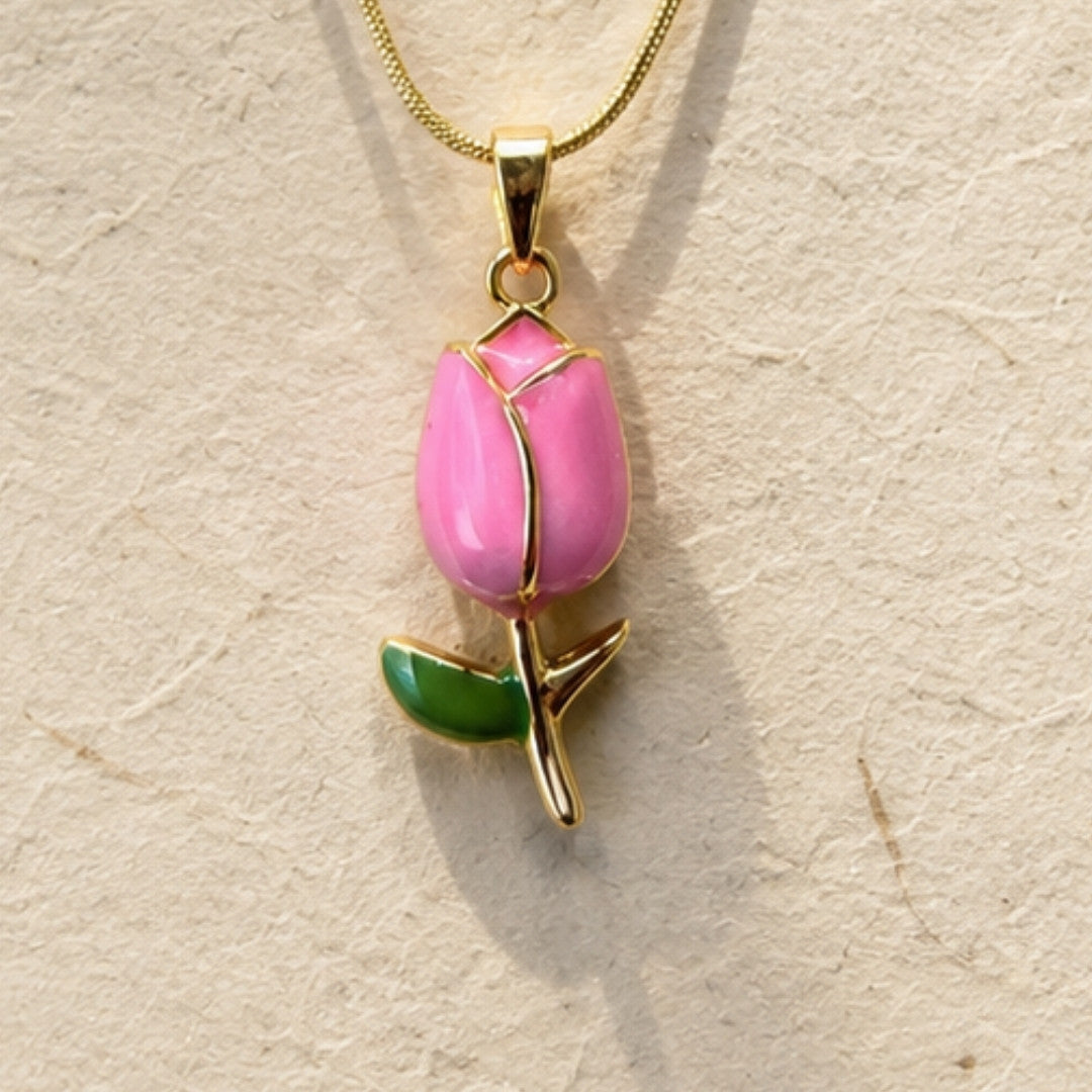Enamel Pink Tulip Pendant Necklace – Delicate Gold-Tone Botanical Jewelry