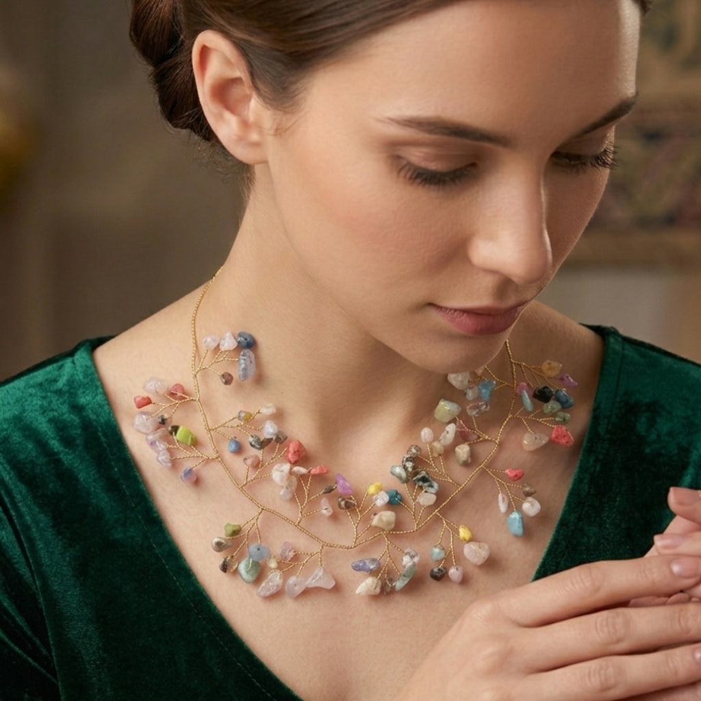 Whimsical Multicolored Raw Stone Branch Necklace