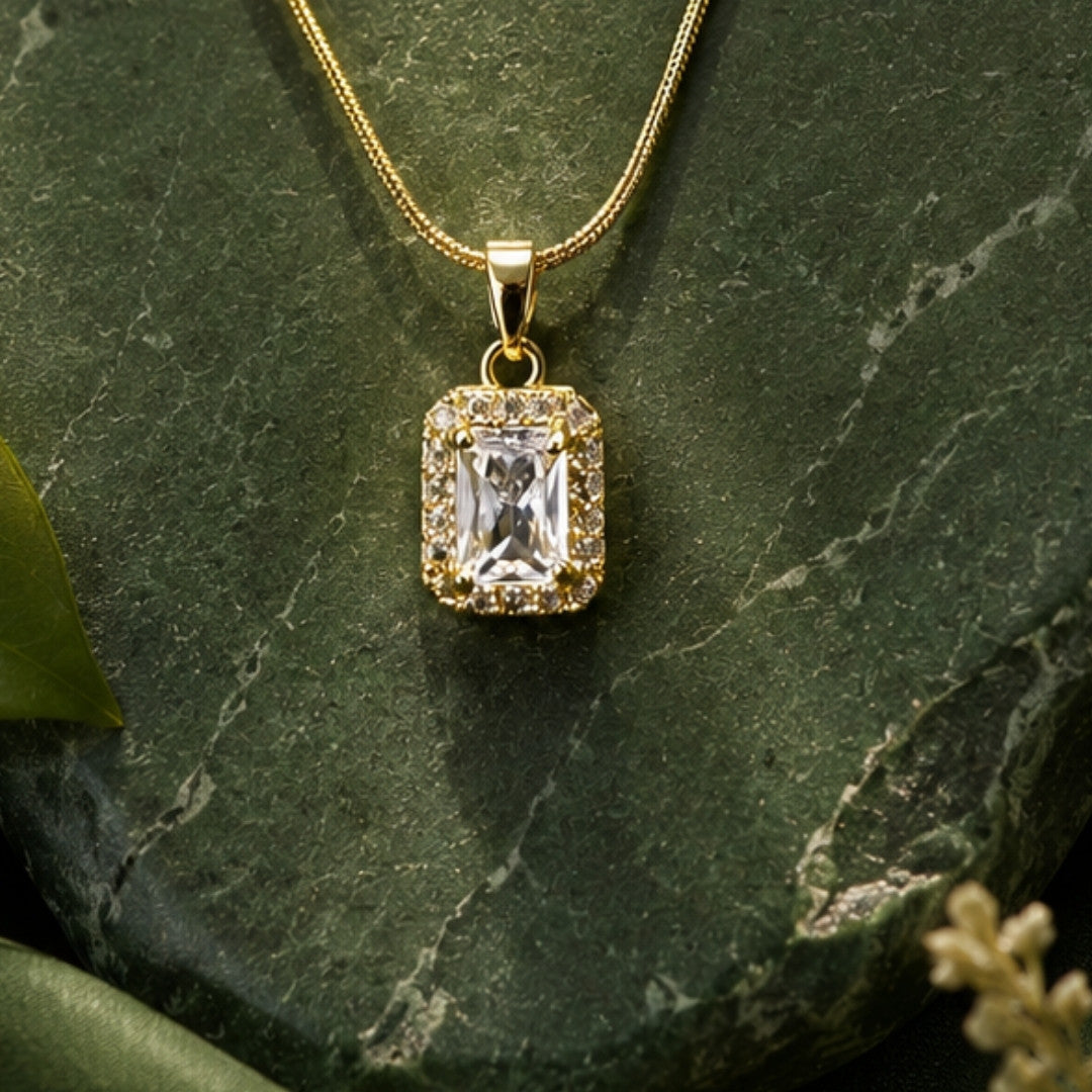 Emerald-Cut Crystal Halo Pendant Necklace – Timeless Gold-Tone Snake Chain