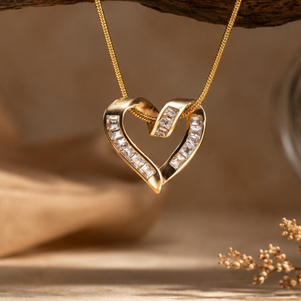 Interlocking Crystal Baguette Heart Pendant Necklace – Elegant Gold-Tone Rope Chain