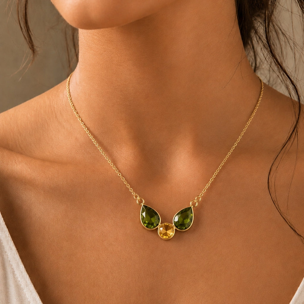Elegant Gemstone Trio Necklace – Pear-Cut Green & Round Yellow Pendant