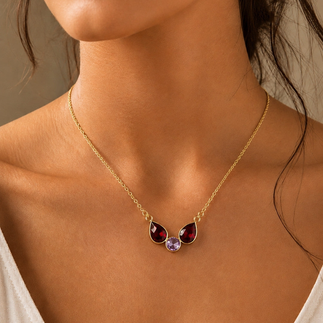 Multicolor Gemstone Statement Necklace – Red Pear & Purple Round Pendant