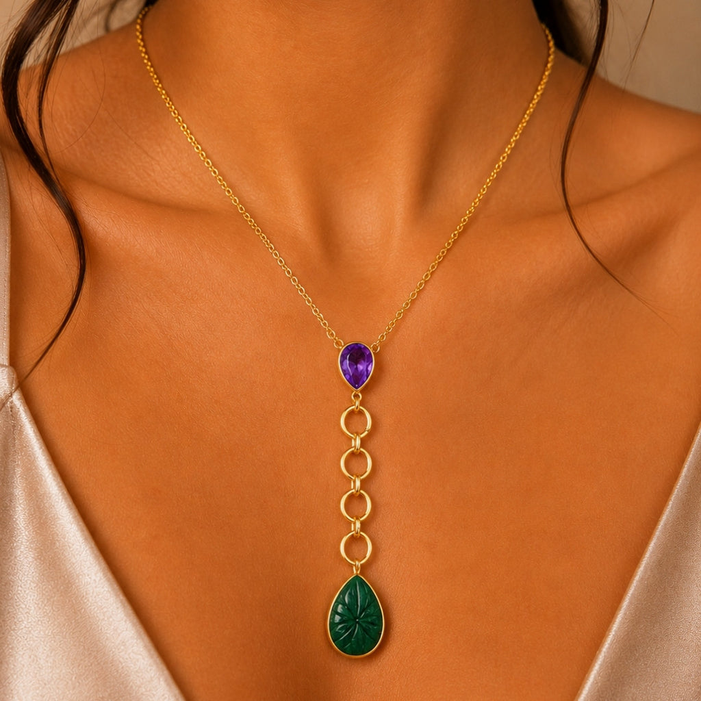 Enchanting Amethyst and Carved Floral Drop Necklace