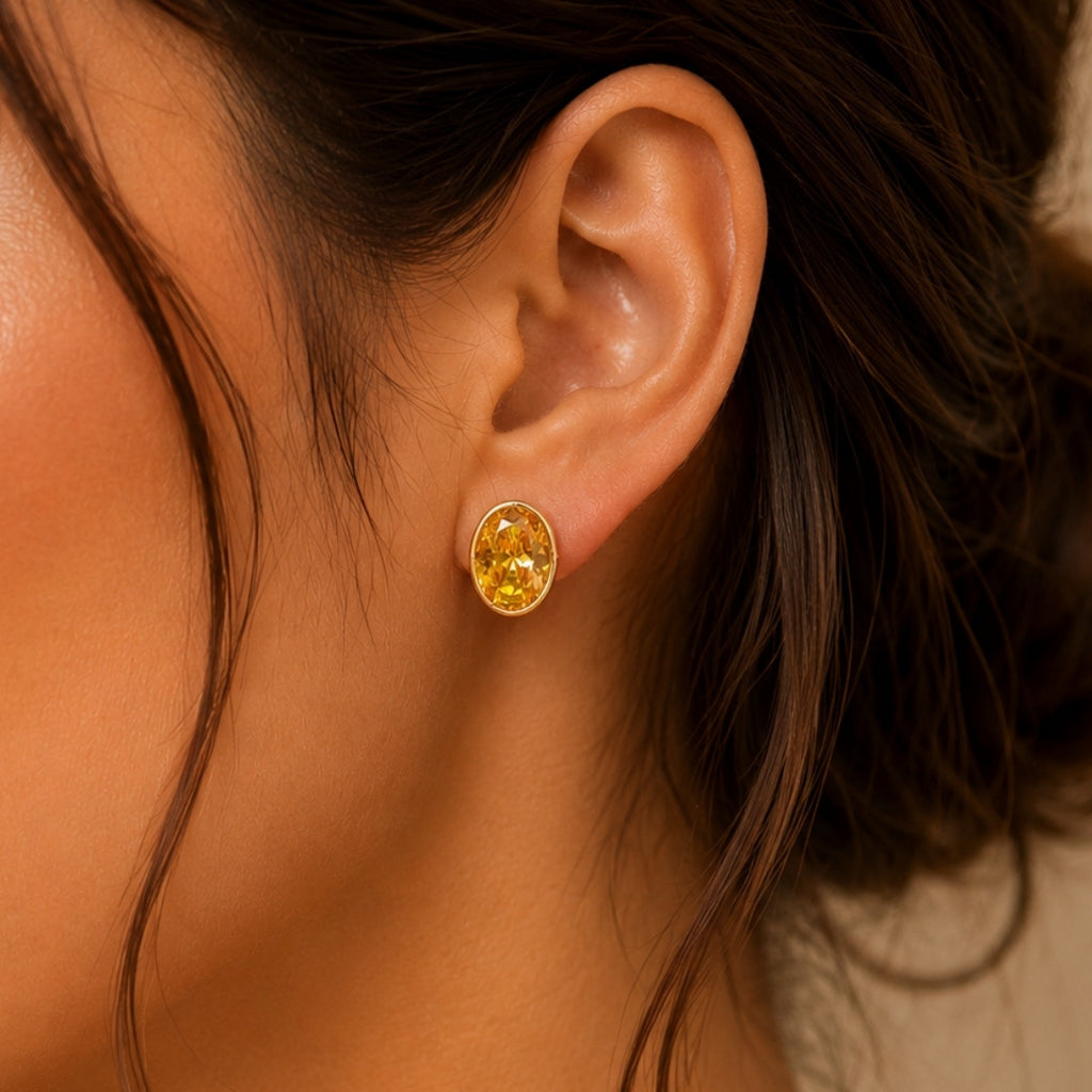 Radiant Oval Yellow Stone Stud Earrings