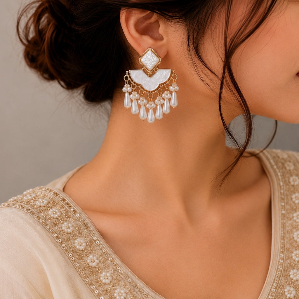 Vintage Pearl Tassel Statement Earrings in Gold Tone – Ivory & Sage Green