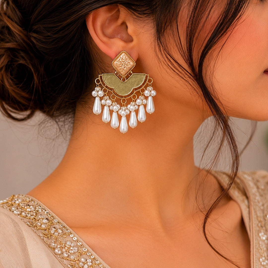 Vintage Pearl Tassel Statement Earrings in Gold Tone – Ivory & Sage Green