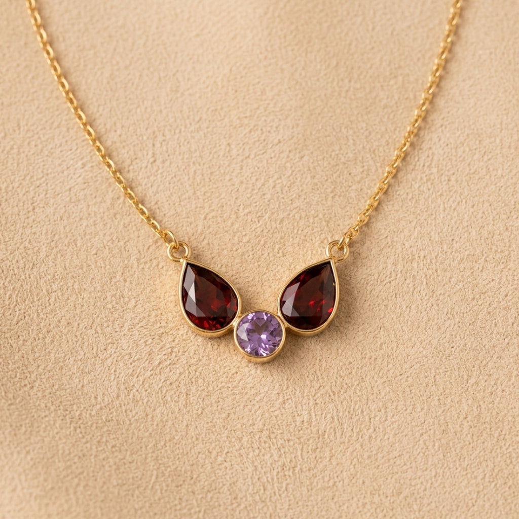 Multicolor Gemstone Statement Necklace – Red Pear & Purple Round Pendant