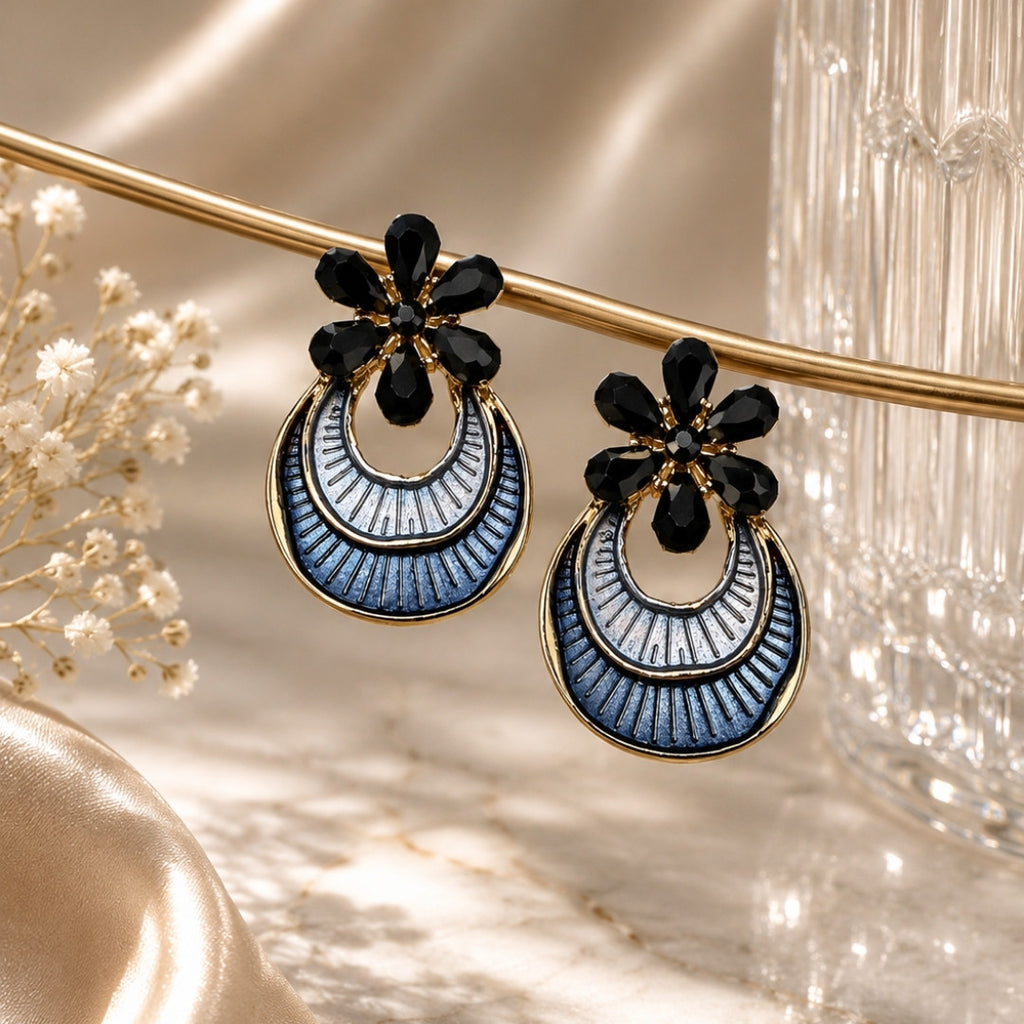 Midnight Bloom Statement Earrings – Enamel & Crystal Floral Drop