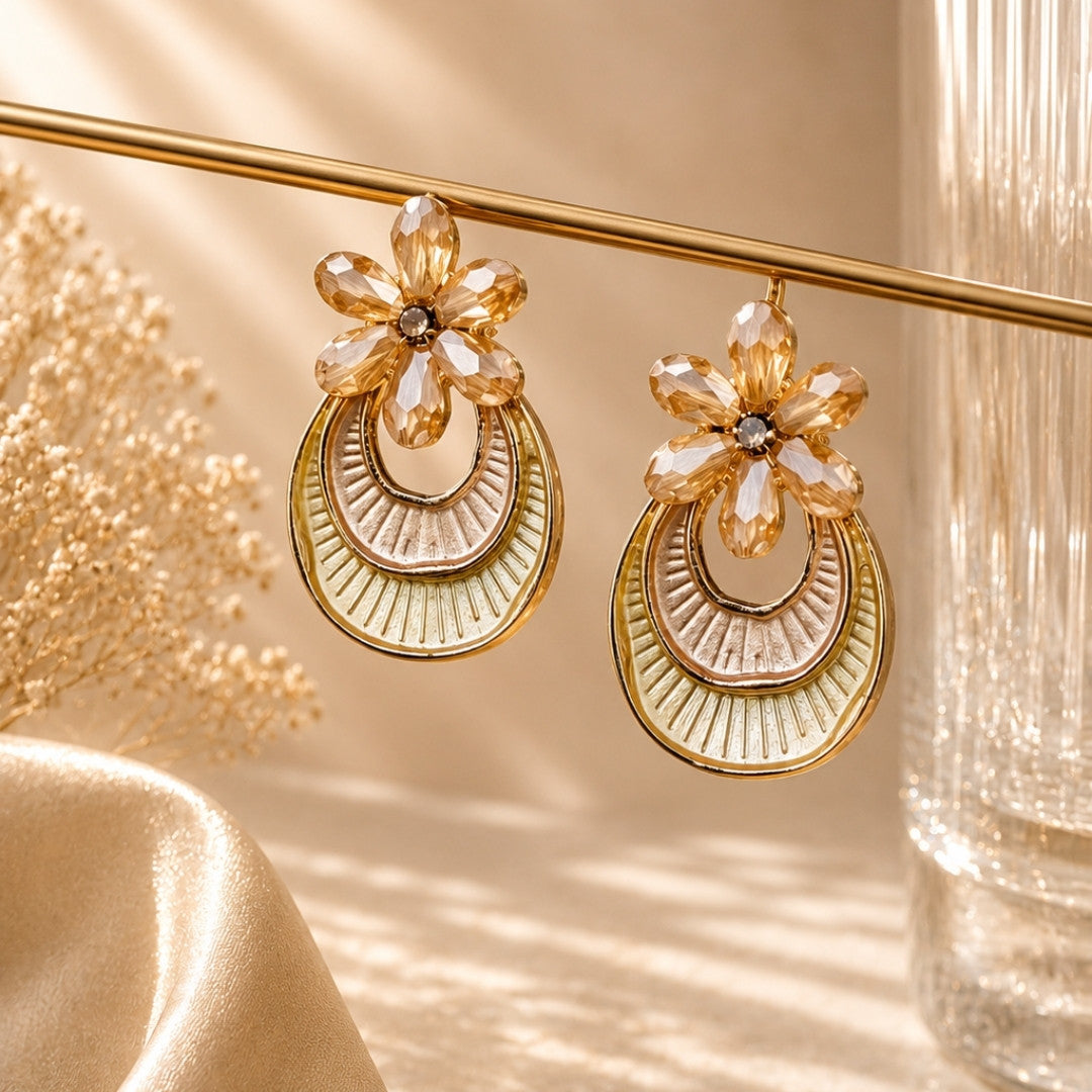 Golden Petal Statement Earrings – Textured Hoop & Crystal Floral Drop