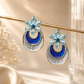 Celestial Bloom Statement Earrings – Blue Enamel & Crystal Flower Drop