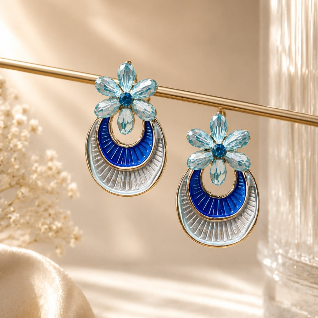 Celestial Bloom Statement Earrings – Blue Enamel & Crystal Flower Drop