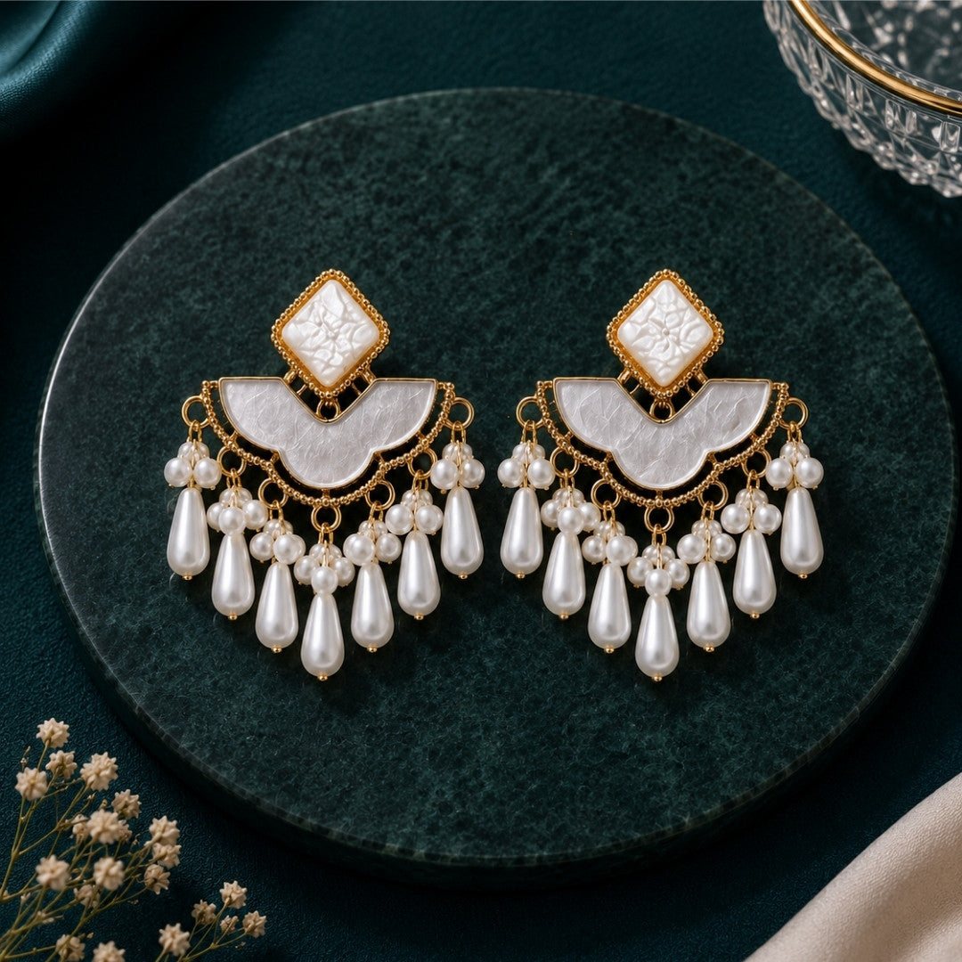 Vintage Pearl Tassel Statement Earrings in Gold Tone – Ivory & Sage Green