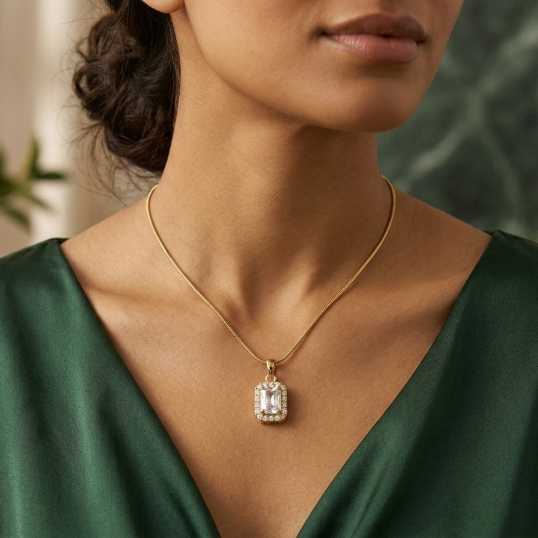 Emerald-Cut Crystal Halo Pendant Necklace – Timeless Gold-Tone Snake Chain