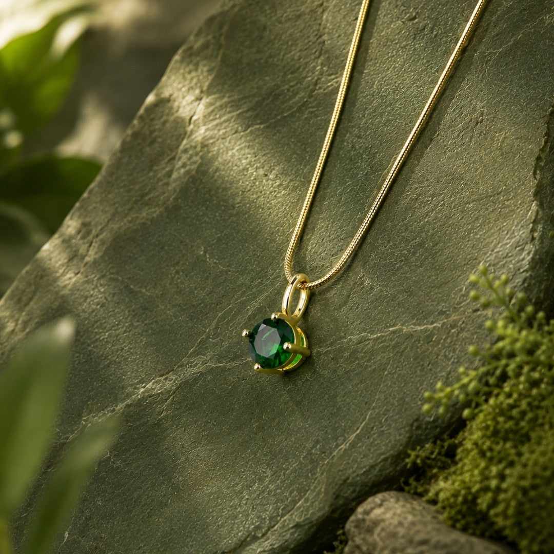 Minimalist Emerald Green Solitaire Pendant Necklace in Gold Tone