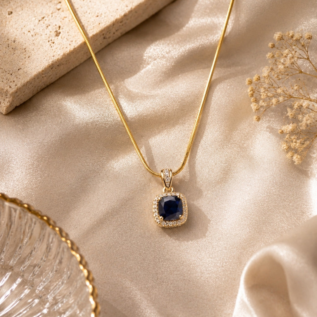 Royal BlACK Cushion-Cut Halo Pendant Necklace in Gold Tone