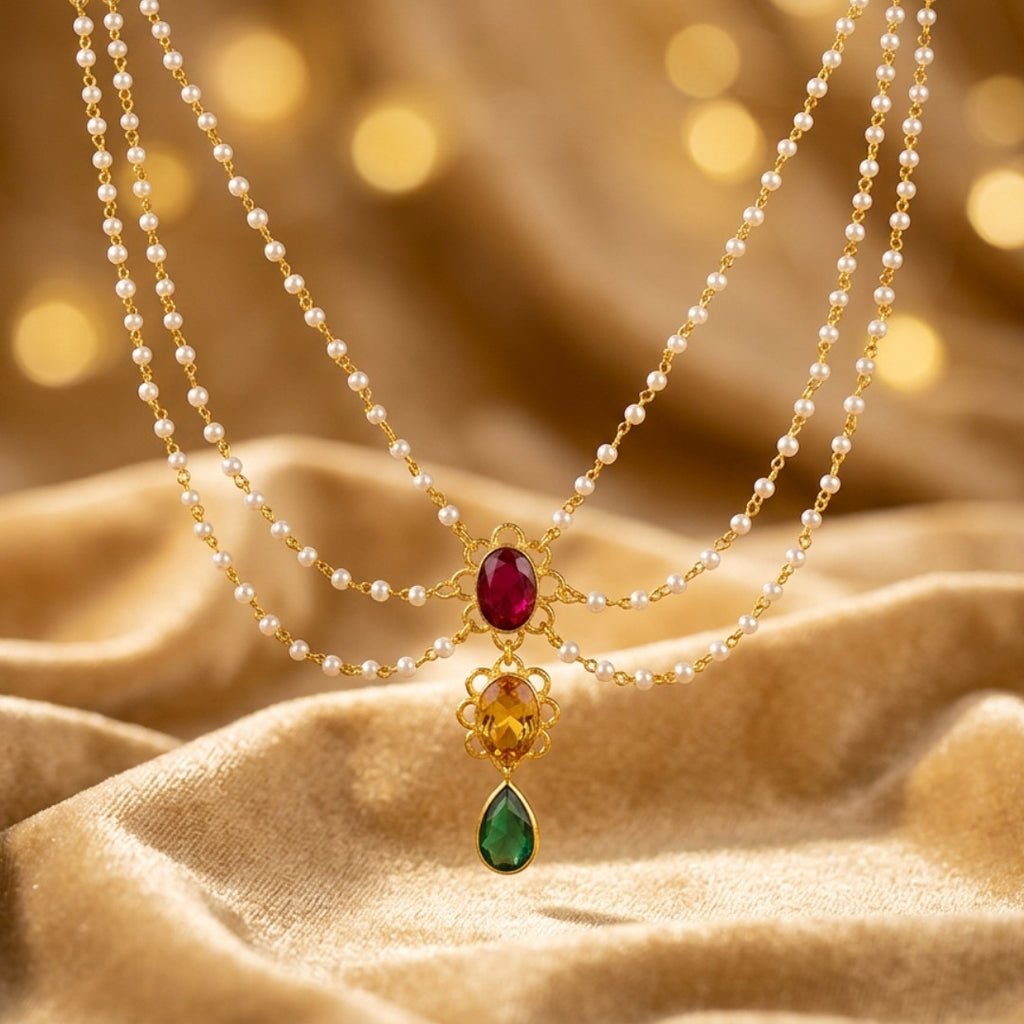 Elegant Multi-Layer Pearl Chain Necklace with Cascading Gemstone Pendant