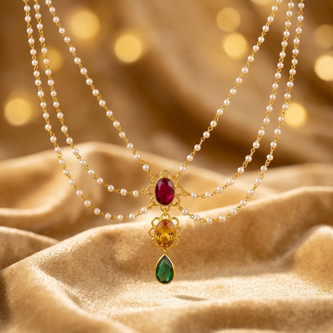 Elegant Multi-Layer Pearl Chain Necklace with Cascading Gemstone Pendant