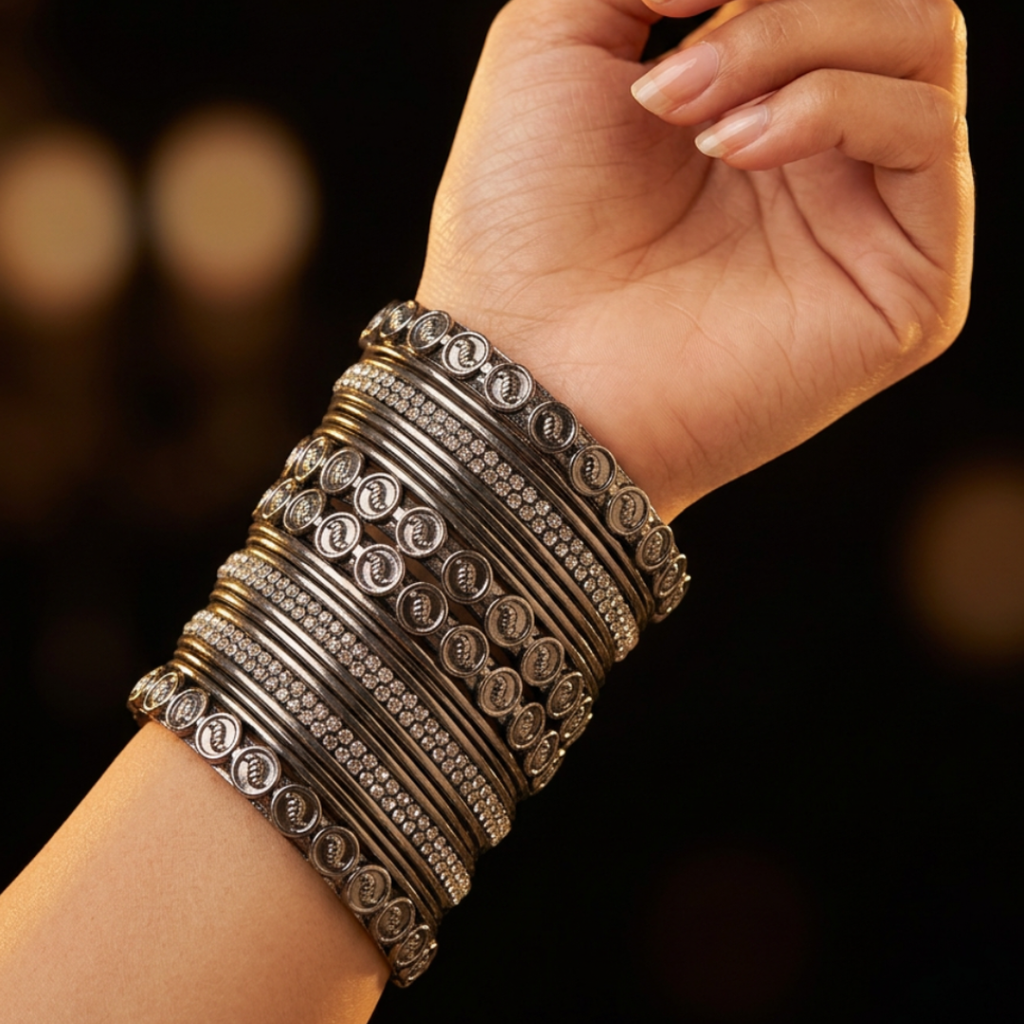 Oxidized Silver Boho Chic Multi-Bangle Stack – Intricate Coin & Crystal Motif Set