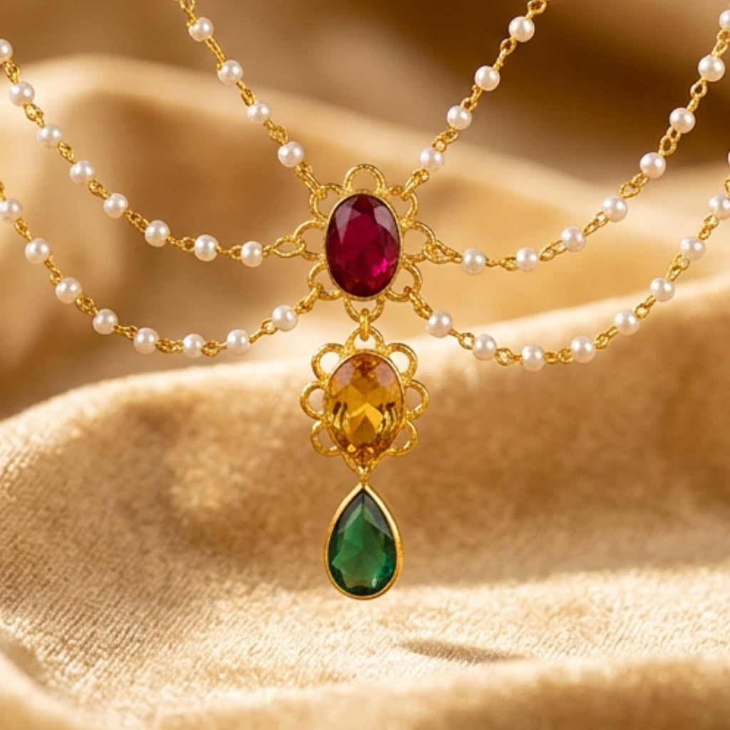 Elegant Multi-Layer Pearl Chain Necklace with Cascading Gemstone Pendant