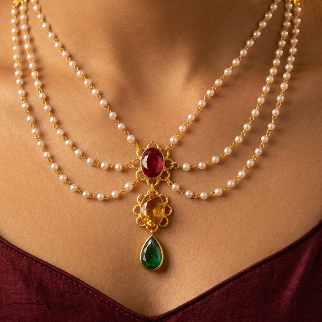 Elegant Multi-Layer Pearl Chain Necklace with Cascading Gemstone Pendant