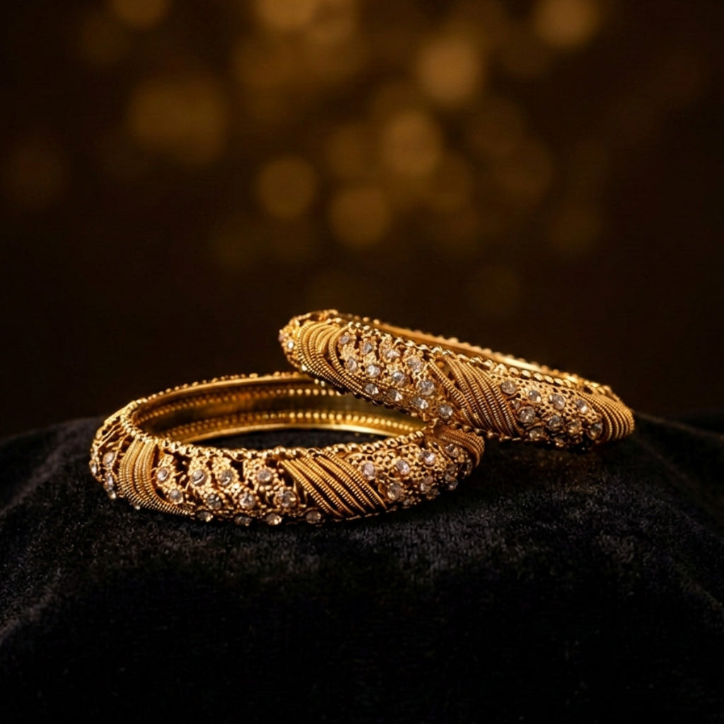 Royal Filigree & Crystal Embellished Gold-Tone Bangle Set – Traditional Statement Pair
