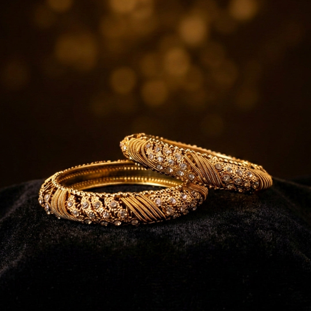 Royal Filigree & Crystal Embellished Gold-Tone Bangle Set – Traditional Statement Pair
