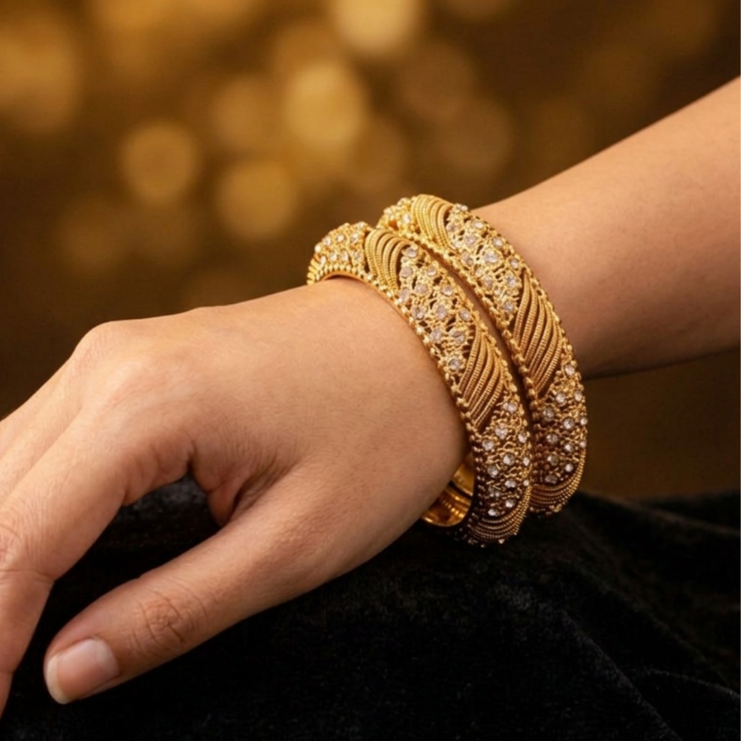 Royal Filigree & Crystal Embellished Gold-Tone Bangle Set – Traditional Statement Pair