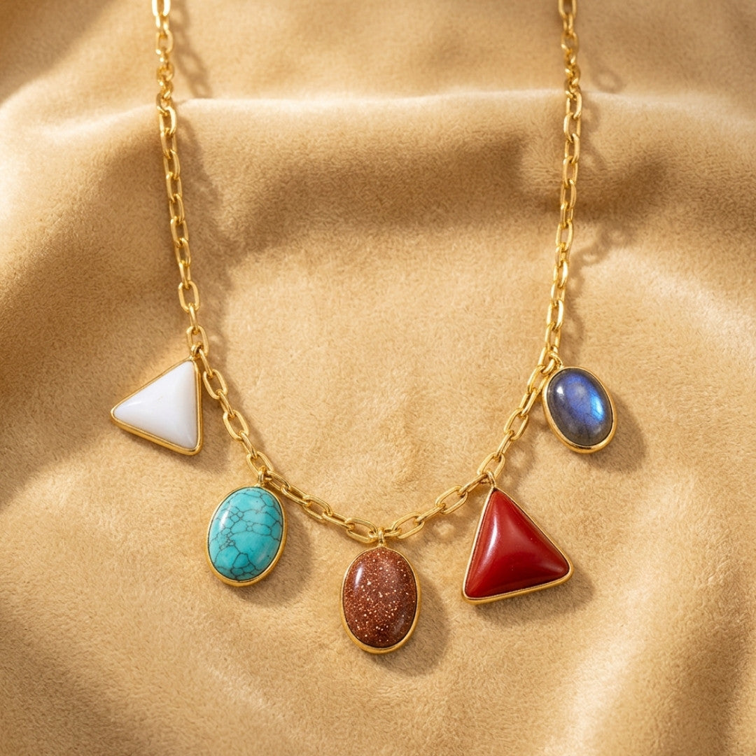 Gold-Tone Statement Necklace with Red Oval Stone and Multi-Color Dangle Accents