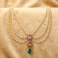 Multi-Layer Pearl Chain Necklace with Cascading Pastel and Jewel-Tone Pendant