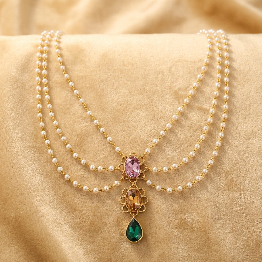 Multi-Layer Pearl Chain Necklace with Cascading Pastel and Jewel-Tone Pendant