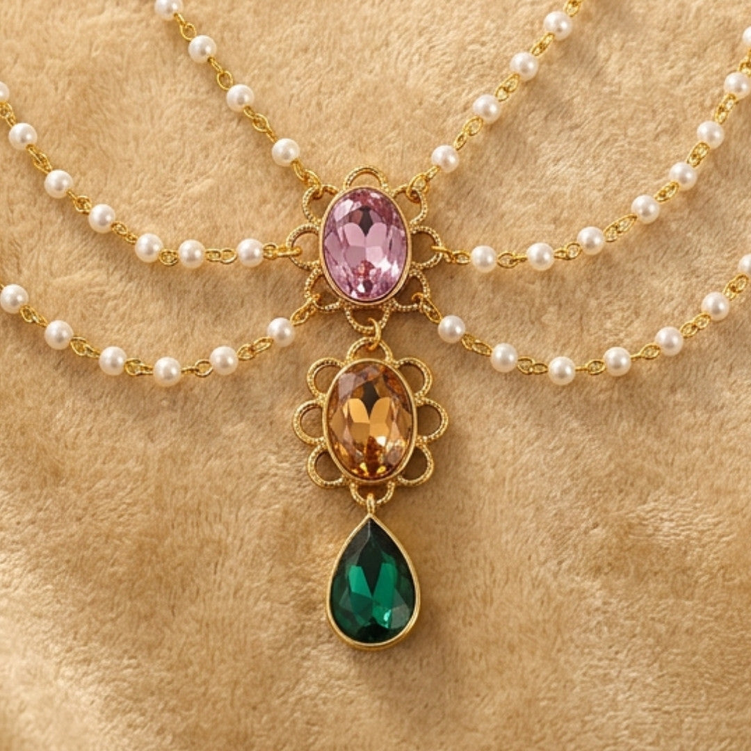 Multi-Layer Pearl Chain Necklace with Cascading Pastel and Jewel-Tone Pendant