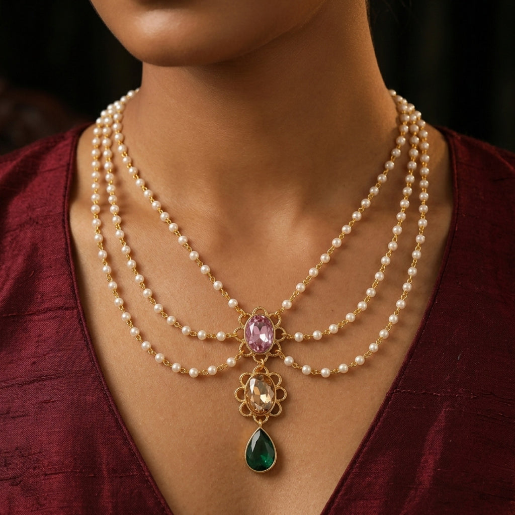 Multi-Layer Pearl Chain Necklace with Cascading Pastel and Jewel-Tone Pendant