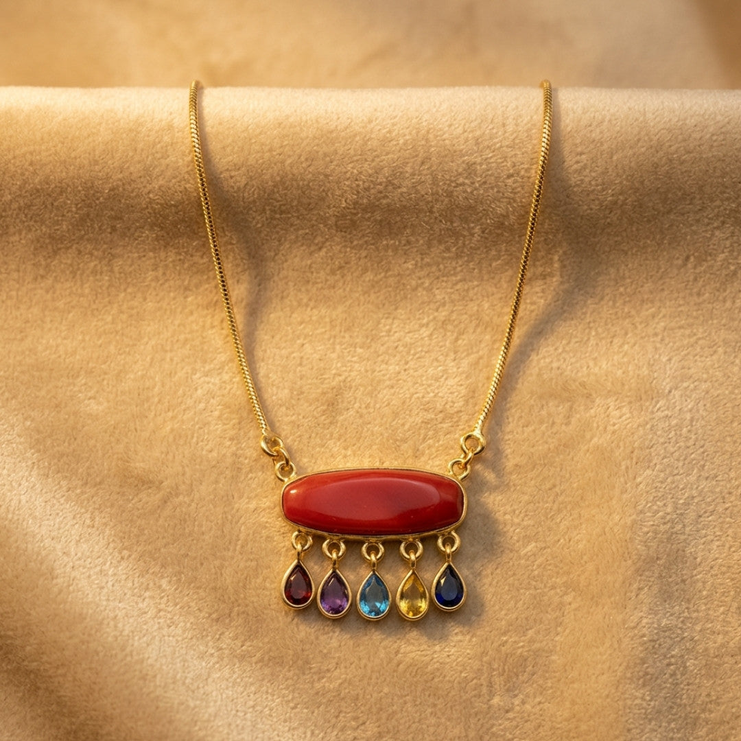 Gold-Tone Statement Necklace with Red Oval Centerpiece and Multi-Colored Teardrop Accents