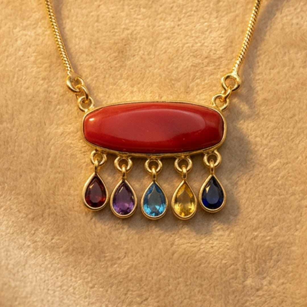 Gold-Tone Statement Necklace with Red Oval Centerpiece and Multi-Colored Teardrop Accents