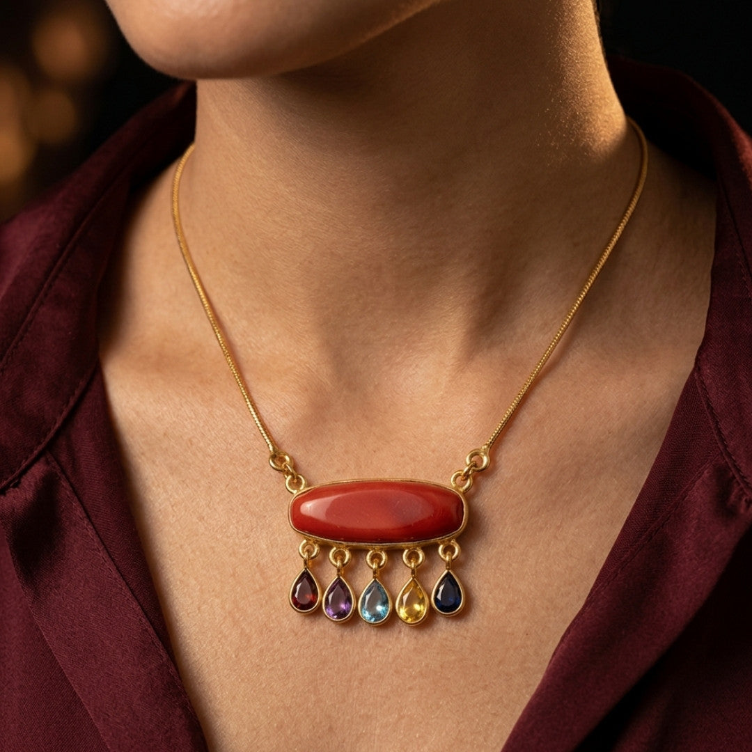Gold-Tone Statement Necklace with Red Oval Centerpiece and Multi-Colored Teardrop Accents
