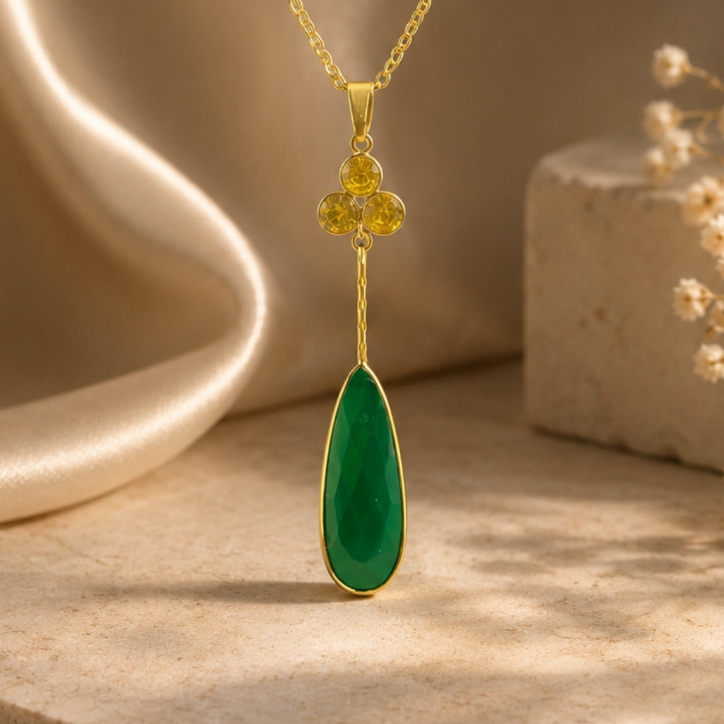 Gold-Tone Delicate Pendant Necklace with Yellow Crystal Cluster and Green Teardrop Stone