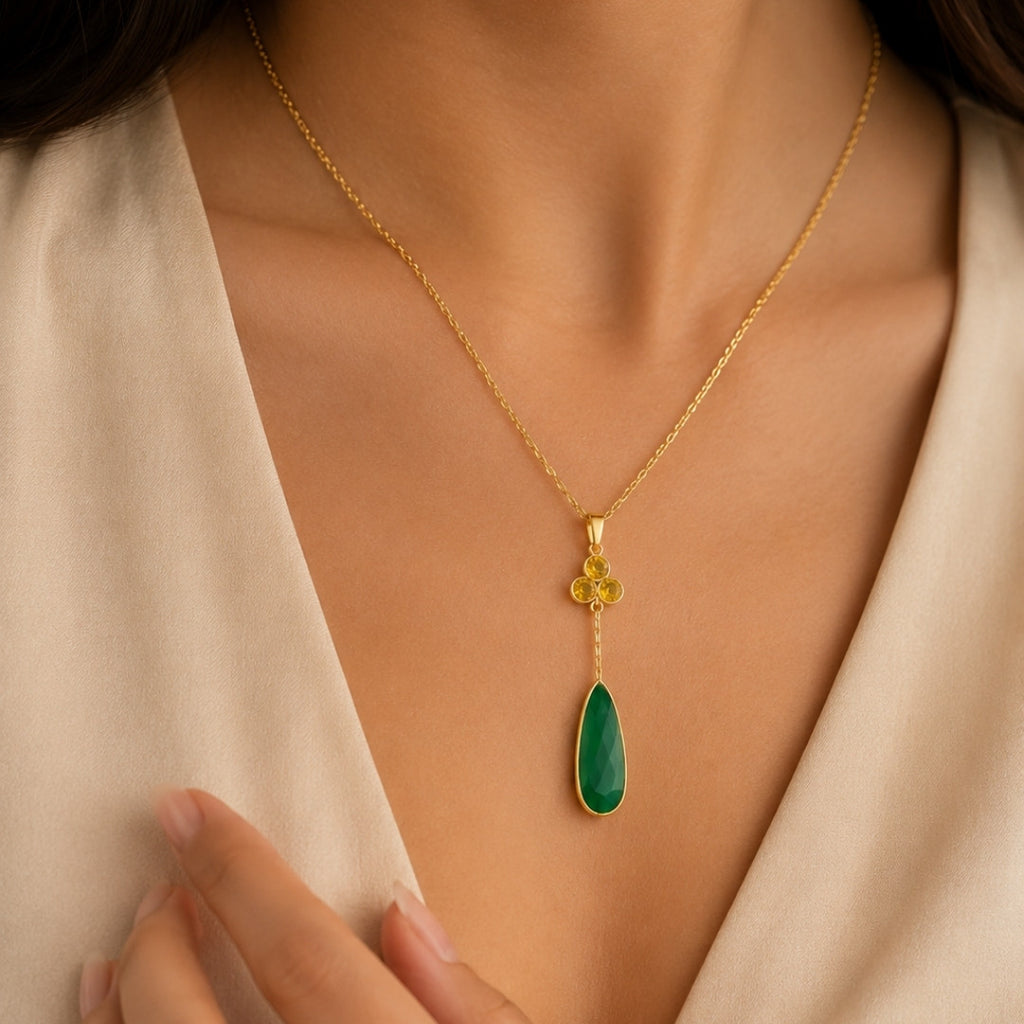 Gold-Tone Delicate Pendant Necklace with Yellow Crystal Cluster and Green Teardrop Stone
