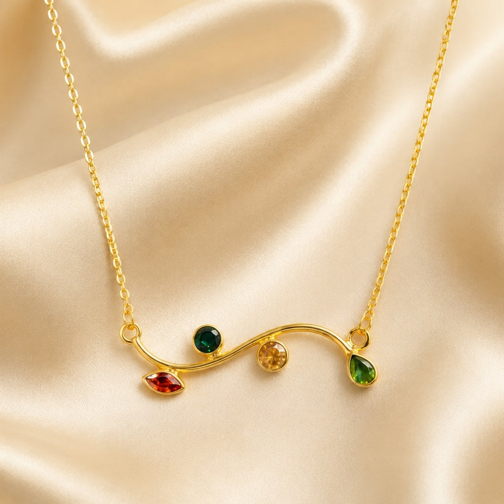 Whimsical Gold-Tone Branch Necklace with Multi-Color Gemstone Accents