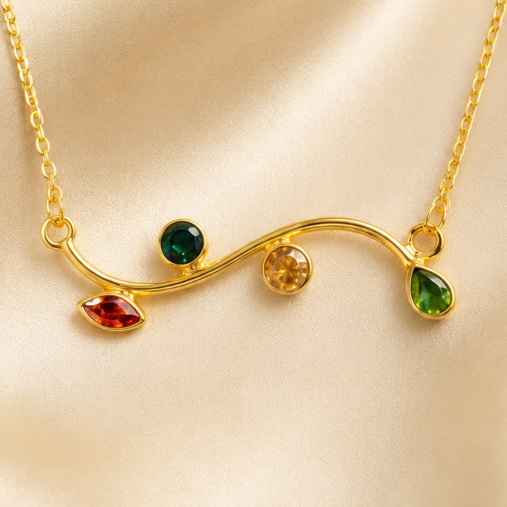Whimsical Gold-Tone Branch Necklace with Multi-Color Gemstone Accents