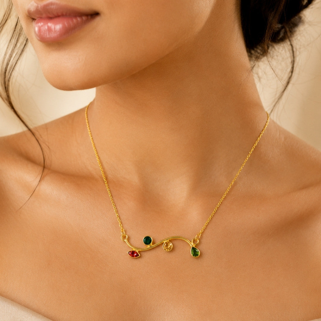Whimsical Gold-Tone Branch Necklace with Multi-Color Gemstone Accents