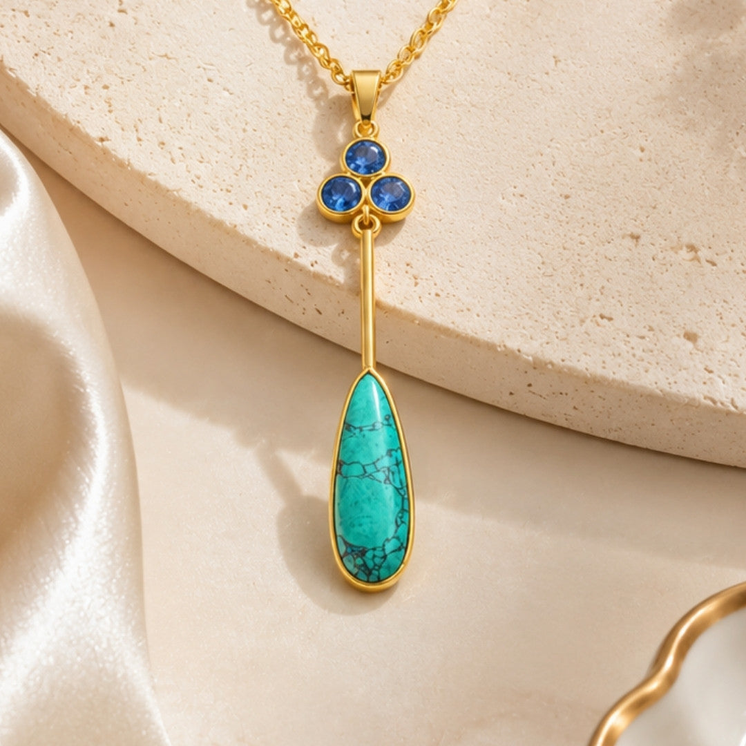 Gold-Tone Delicate Pendant Necklace with Blue Crystal Cluster and Turquoise Teardrop Stone